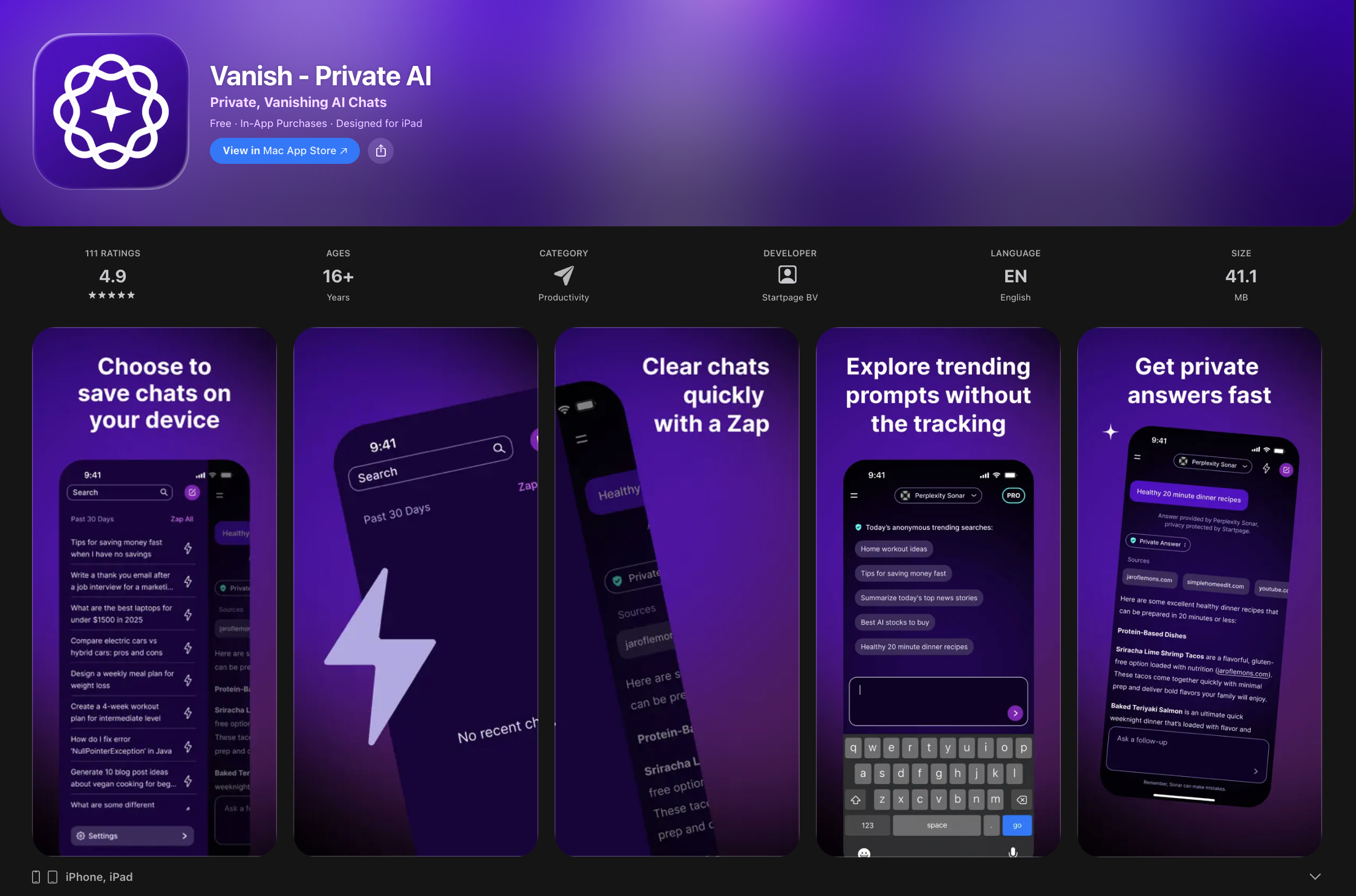 Vanish Private AI app App store